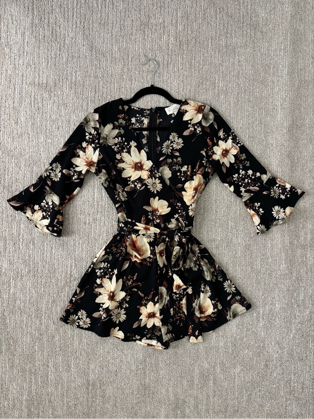 Sweet Wanderer Black Floral Wrap Top Romper Small